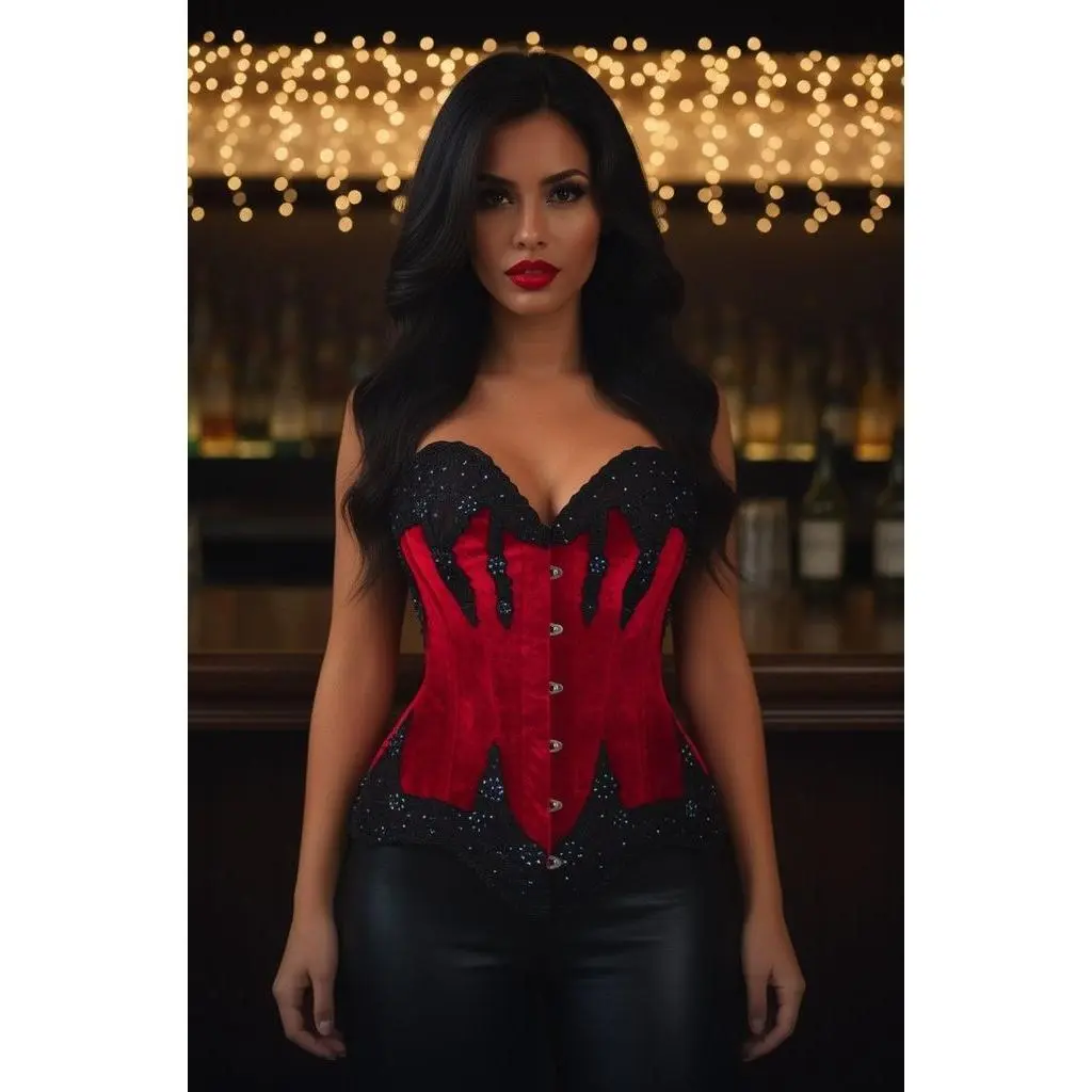 Top Drawer Dark Red Velvet & Beaded Steel Boned Overbust Corset