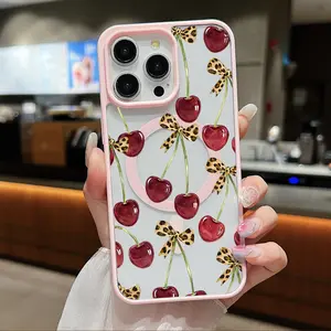 Cherry Leopard Print Bow Pattern Clear Magnetic Phone Case , Compatible with MagSafe Silicone Bumper Protective Cover For iPhone X XS 11 12 13 14 15 16 17 Pro Max Plus Air