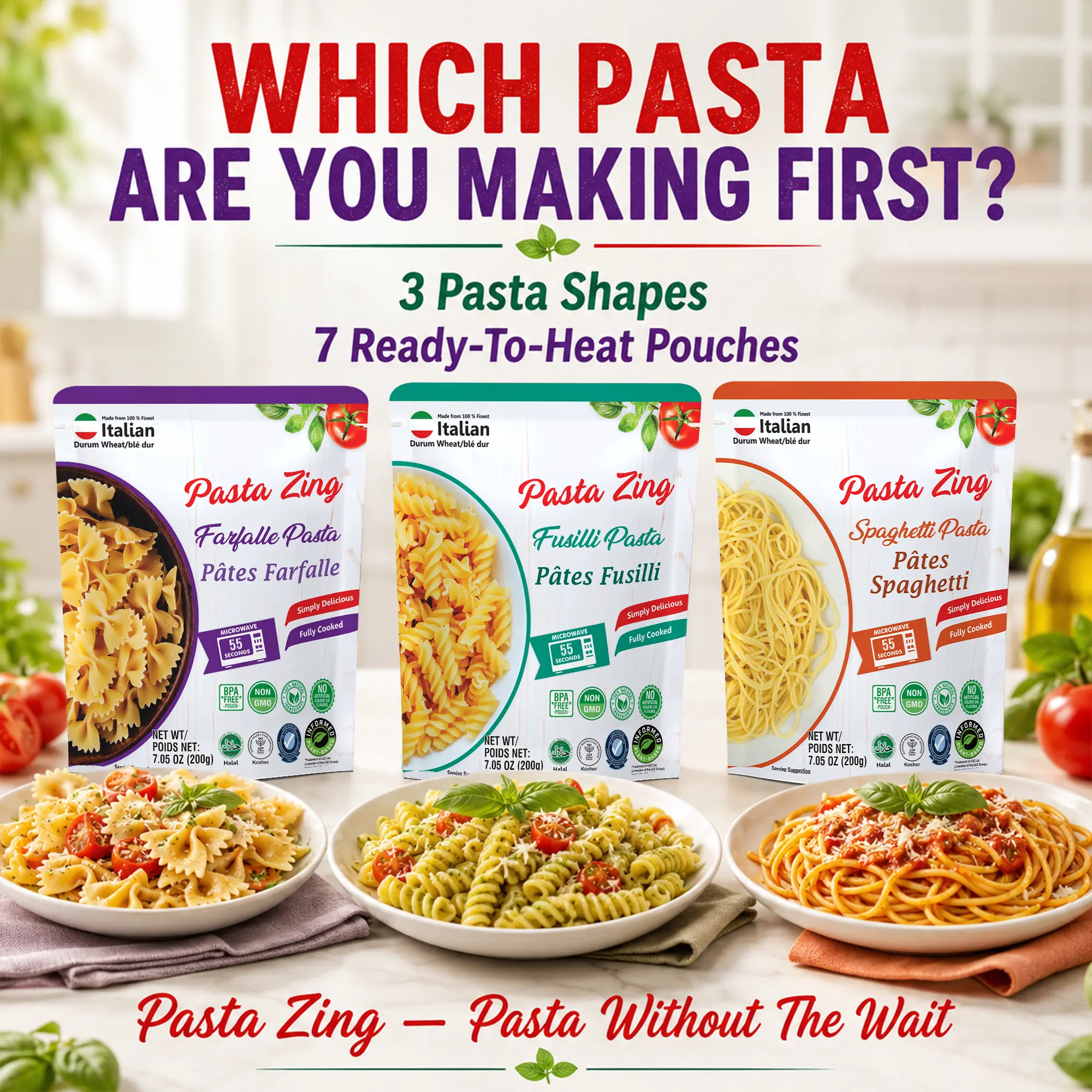 Pasta Zing Variety Pack 7 | 3 Spaghetti + 2 Farfalle + 2 Fusilli | Fully Cooked Pasta Ready in 1 Minute | Pasta Without The Wait