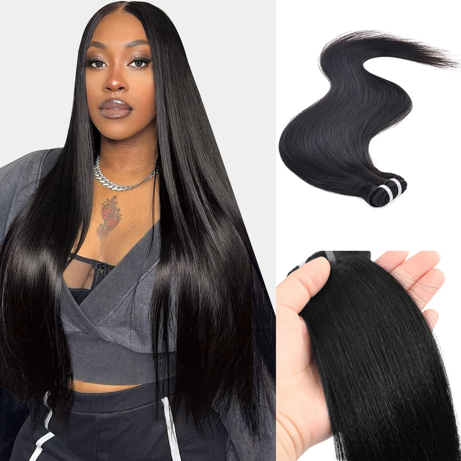Coarse Yaki Straight Human Hair Weft Bundles 85g/Bundle Natural Black 100% Human Hair Sew In Weft Extensions For Daily Styling