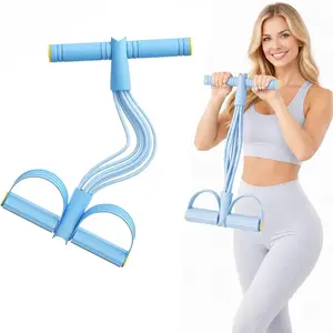 Purple 4-Tube Foot Pedal Resistance Band, Multifunctional Sit-Up Pull Rope for Abdomen, Leg & Arm Training, Portable Home Gym Yoga Exercise Equipment for Women, Elastic Fitness Trainer for Full-Body Workout