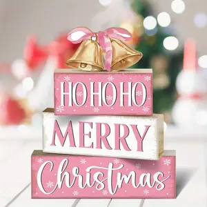 4pcs Pink Christmas Wooden Block Decorations Home Decor Ornaments Bells Winter Tiered Tray Tabletop Centerpiece Decor Xmas Santa Reindeer Snowman Gingerbread Unique Decor Christmas New Year Thanksgiving Gift