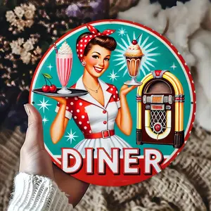 2D Flat - 1pc Retro Diner Themed Aluminum Sign, American Retro Style, 8*8 Inches, Aluminum Sign, 2D Flat, Suitable for Retro Diners and People Who Like American Nostalgic - style Decorations Rectangle