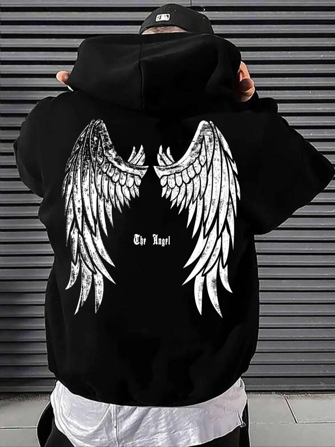 Men's Angel Wings & Letter Print Pocket Hoodie, Casual Loose Long Sleeve Drawstring Hooded Sweatshirt for Fall & Winter, Men's Clothes for Daily Wear, Casual Pullover Sweatshirts