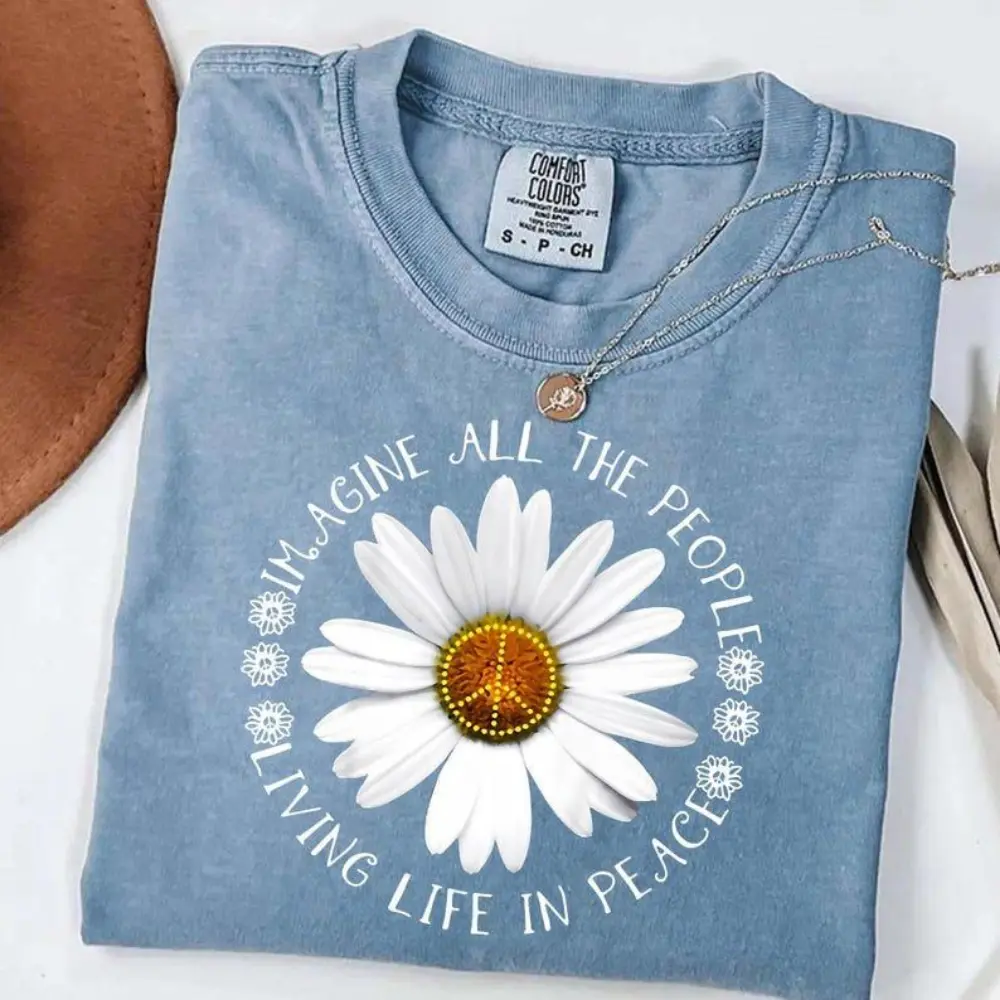 Comfort Colors Imagine Peace T-Shirt, Floral Daisy Peace Sign Tee, John Lennon Inspired Retro Hippie Shirt For Men For Women Top