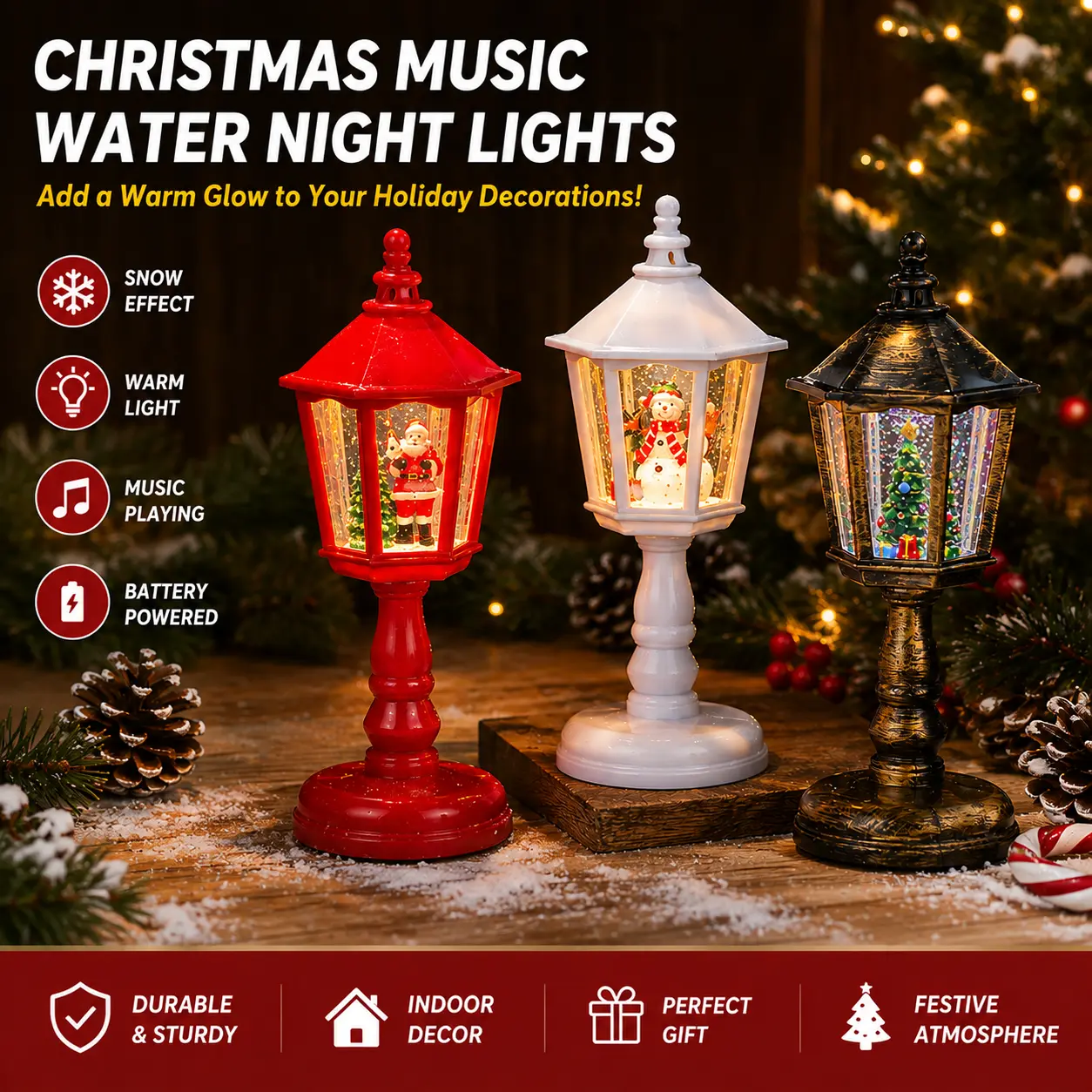 Christmas Snow Globe Lantern with Snowman or Snowman or Santa Claus- Water Swirling Glitter LED Light Lantern with Music - Vintage Xmas Gifts - USB Plug or Battery Operated Home Decor