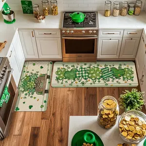 St Patrick's Day Kitchen Rug Set, Holiday Decorative Rug, Irish Themed, Irish Clover Shamrocks Leprechaun Plaid Gold Coin Wood Car Pattern Door Mat, Lucky Grass Pad, Non-Slip Bathroom Runner, Versatile Usage