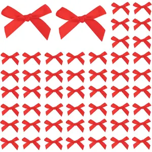 50Pcs 1Inch Mini Ribbon Red Bows for Crafts Gift Wrapping, Small Tiny Gift Premade Bow Decor for Women Hair Clip Party Bags Cake, Ribbon Bow for Valentine New Year Thanksgiving Birthday