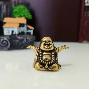 Hot Selling Laughing Buddha Brass Figurine, Tea Pet Desk Ornament, Copper Carving Handheld Decorative Statue, Collectible Craft, Decoration, Religious, Religious Home Decor