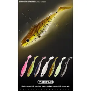 Two-tone T-tail soft bait, 7.5 cm, with 3 glitter flakes, realistic lure for bass and croaker