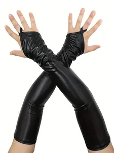 Women's PU Leather Fingerless Gloves, Waterproof Long Arm Sleeves, Spring Warm Fake Sleeves, Sexy Dance Party Mitts