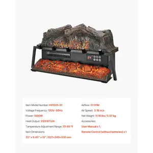 VEVOR Electric Fireplace Log, 25 inch Fireplace Insert Log Heater, with Crackling Sound, Remote Controller, 5 Adjustable Flame Brightness, Timer, Overheat Protection, Thermostat, for Home Decor Black