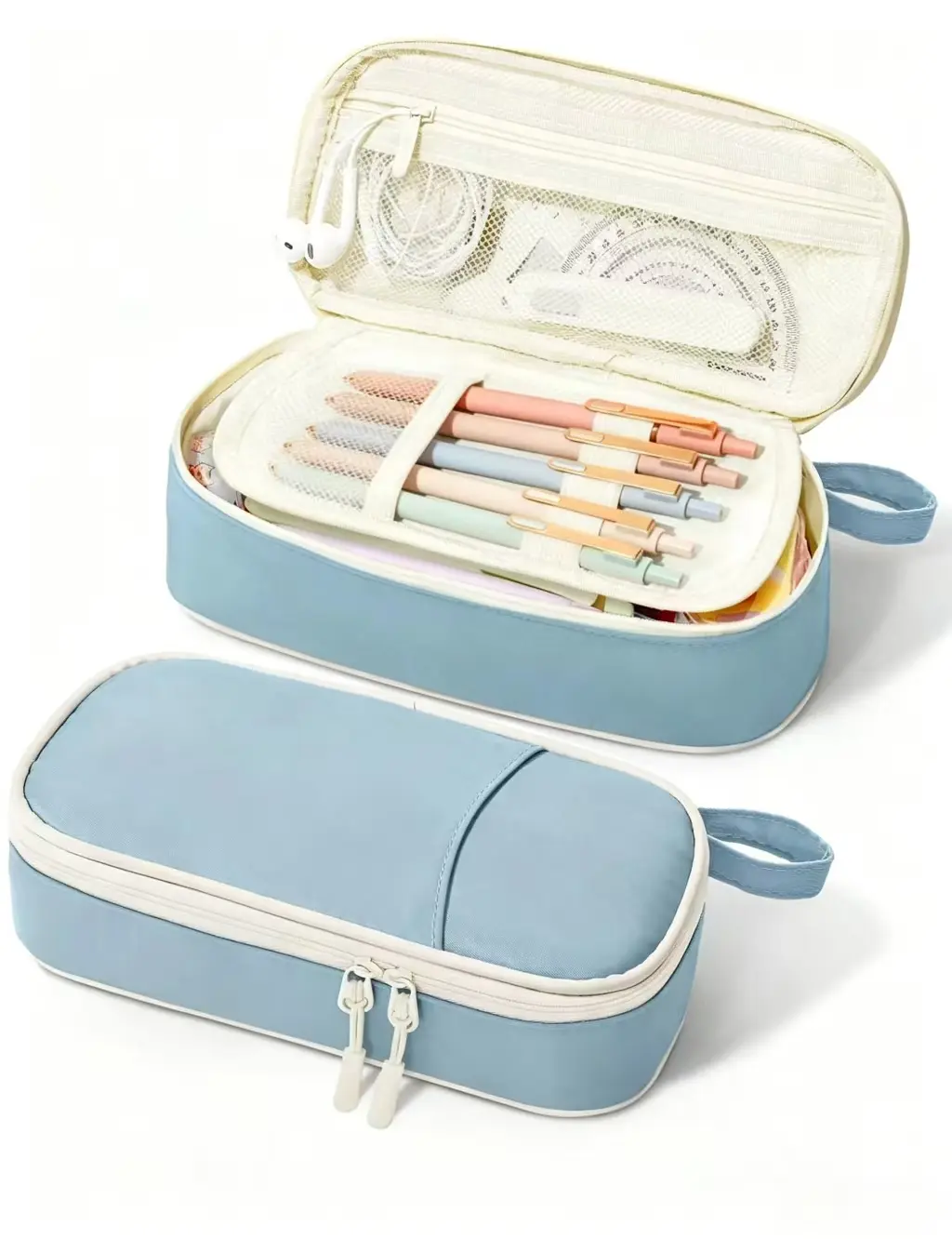 Cute Pencil Case, Aesthetic Pen Pouch, Colored Large Pencil Bag with Zipper, Kawaii Stationery Storage and Organizer, School Supplies for Teen and Adult Girls, Blue