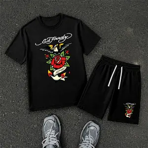 Men’s Y2K Vintage Tattoo Eagle Printed Casual Short Sleeve T Shirt and Shorts Set, Summer 2 Piece Outfit, Soft Breathable Matching Set with Drawstring Shorts for Beach, Outdoor Activities, Travel, Workout, and Everyday Style