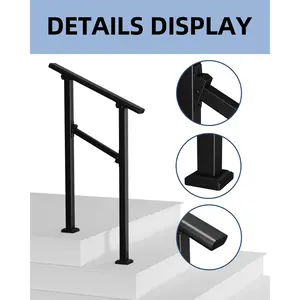 Adjustable Outdoor Stair Handrail for 3 to 6 Steps – Metal Banister, Black Deck & Porch Railing, DIY Installation Kit Included