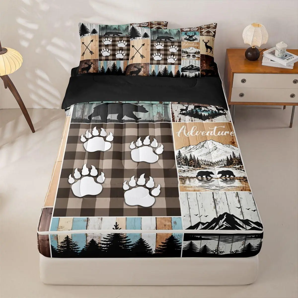Rustic Cabin Farmhouse Zip Up Comforter Set,Hunting Deer Bear Hunter Zipper Bedding Sets,Mountain Forest Theme Fitted Sheet & Pillowcases,Patchwork Camping Bed Set