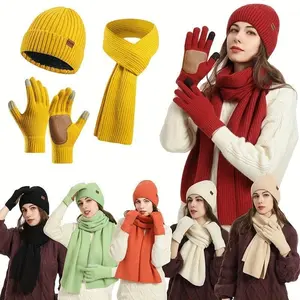 Unisex 3-Piece Winter Hat Gloves Scarf Set, Knitted Fabric, Elastic, Hand Washable, Thick Warmth Outdoor Wear, Candy Color, Ideal for Couples, Perfect Holiday Gift