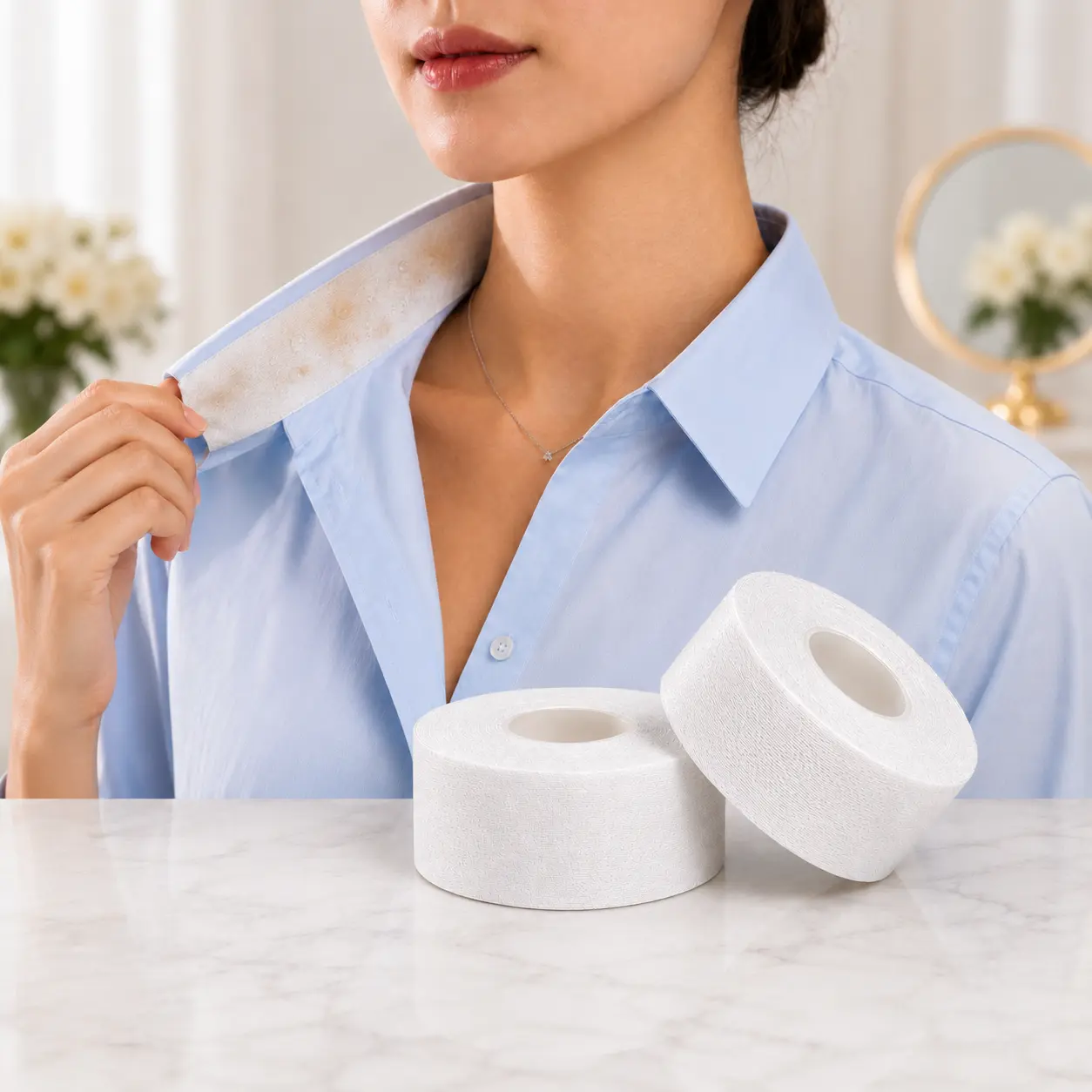 [2 Pack] Disposable Collar Protector Tape - Sweat & Makeup Proof Neckline Liner for Shirts, Sweaters & Hats | Self-Adhesive Stain Guard