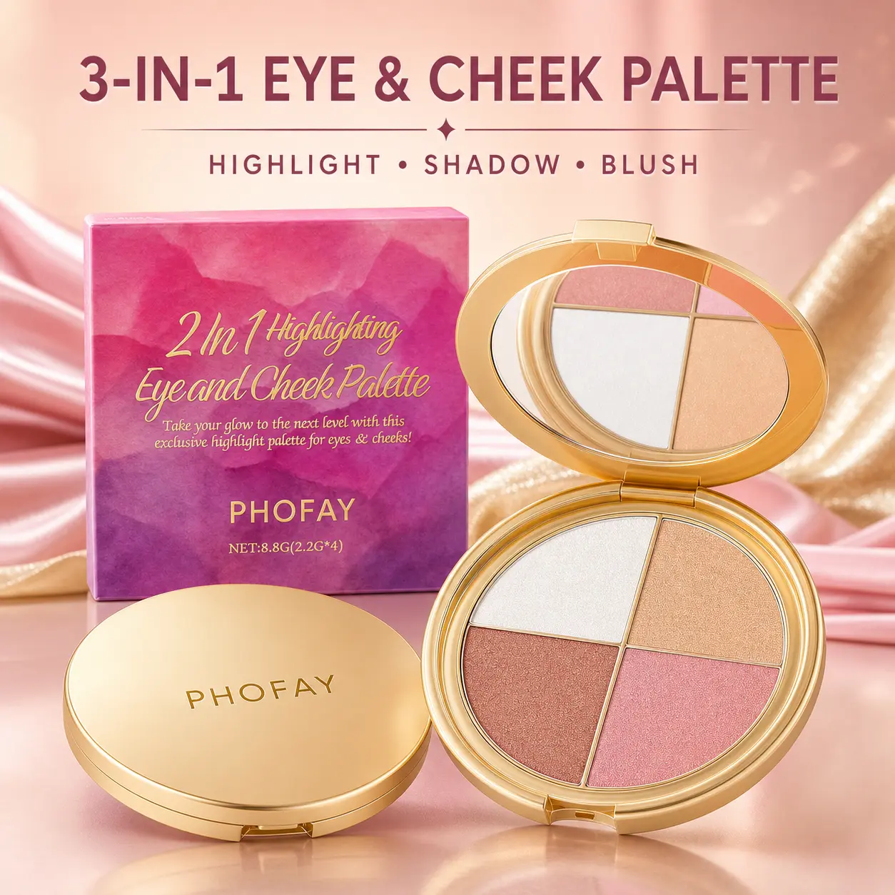 PHOFAY 3-in-1 Highlighter, Eyeshadow & Blush Palette, 4-Shade Shimmer Eye and Cheek Makeup Palette with Mirror, Silky Blendable Buildable Face Powder for Natural Glow, Everyday Makeup, Travel, Date Night & Parties, 8.8g
