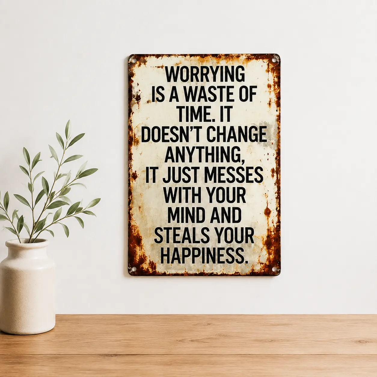 Vintage Metal Inspirational Sign - "Worrying Is a Waste of Time" 8x12in Rustic Aluminum Plaque, Home Decor for Home Office, Positive Mindset Gift
