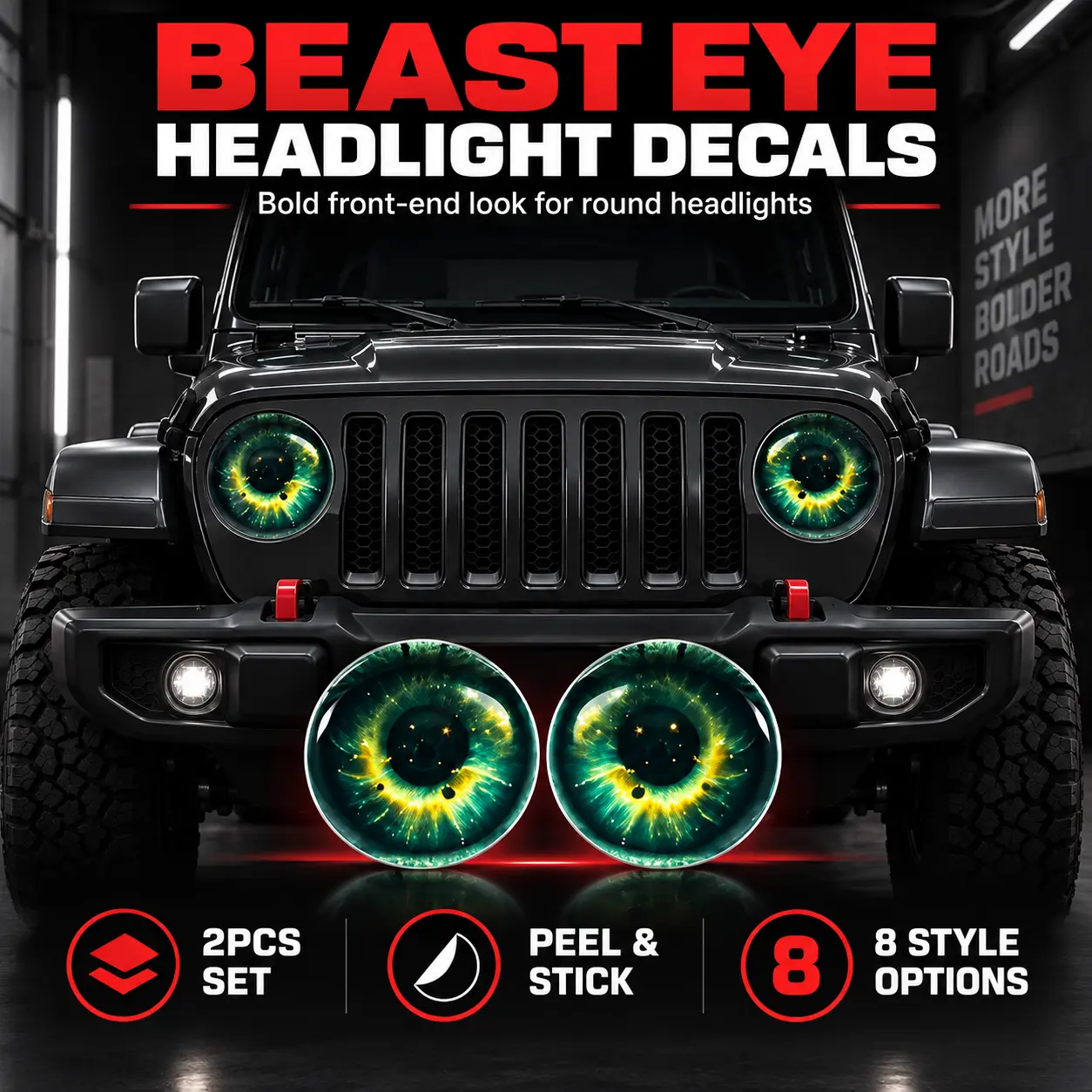 2PCS Beast Eye Headlight Decals, 3D Round Headlight Stickers, Self-Adhesive Car Light Decorative Decals, Exterior Styling Accessories for Round Headlights, Trucks SUVs Off-Road Vehicles