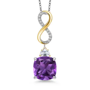 Gem Stone King 925 Silver and 10K Yellow Gold 12MM Cushion Gemstone Birthstone Drop Pendant Necklace For Women with Half Moon White Moissanite and White Lab Grown Diamond