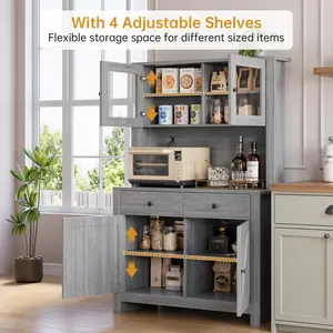 Kitchen Freestanding Storage Cabinet with Microwave Station – Rustic Farmhouse Sideboard Hutch, 4 Doors, 2 Drawers & Customizable Shelves – Home Dining Storage Unit, Brown Dark Grey