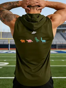 Dinosaur Cartoon Silhouette Back Print Graphic Men's Hooded Sleeveless Fitted Vest, Cute Style Eye-Catching Daily Wear, Gift for Trendy Toy Lovers / Valentine's Day / Holidays, Suitable for Casual / Commute