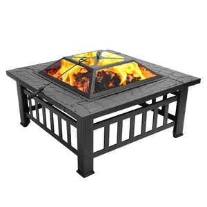 Portable Square Metal Fire Pit with Mesh Lid & Poker, Heavy Duty Outdoor Wood Burning Fire Bowl for Backyard, Patio, Camping, BBQ, Black