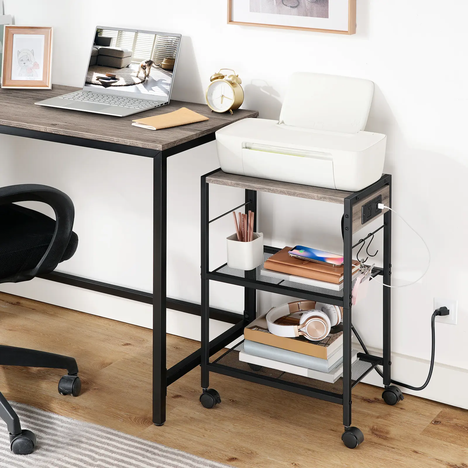 HOOBRO 3-Tier Mobile Printer Table with Hooks, Rolling Cart with Power Outlets and USB Ports, Home Printer Stand with 2 Hooks, for Office#springtok #SummerVibes