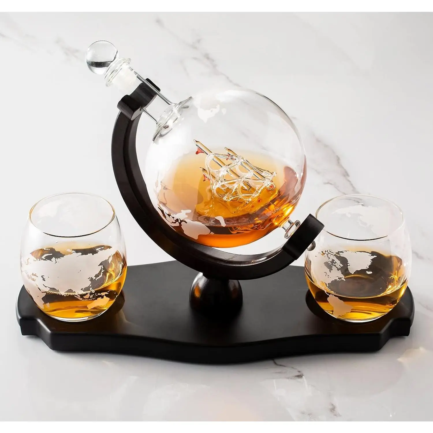 Globe Decanter Set with 2 Etched Globe Glasses in  Box -  Bar Accessories for , , Brandy, Gin, Rum, , , and Brandy
