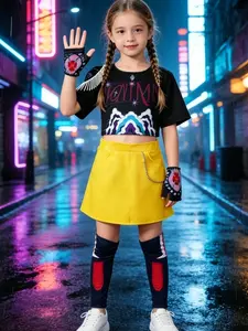 Girls Devil Dress Up Cosplay Costume Set, Mira Group Print Short Sleeve + Shorts + Gloves + Knee Pads, Kpop Halloween Party