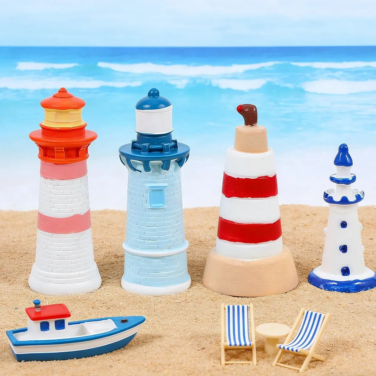 Miniature Lighthouse Figurine Coastal Cake Topper & Desk Decor Non-Edible Nautical Ornament for Beach Birthday Parties