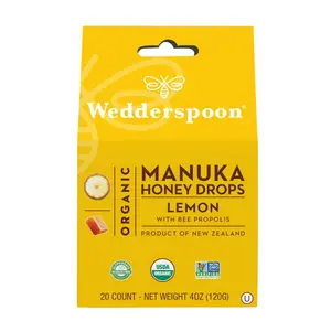 Wedderspoon Organic Manuka Honey Drops, Lemon & Bee Propolis, 20 Count (Pack of 1) | Genuine New Zealand Honey | Perfect Remedy For Dry Throats
