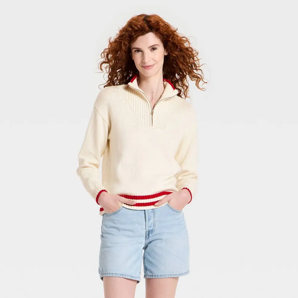 Women's Americana Collared Pullover Sweater - Jersey Polyester Fabric Garment with Zipper, Universal Fit