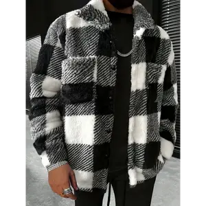 Men's Color Block Checkered Fleece Jacket, Casual Stylish Long Sleeve Coat Winter And Autumn Outdoor Clothes