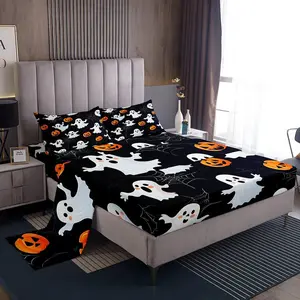 Happy Halloween Fitted Sheet,Ghost Printed Bed Sheets Set for Boys Girls,Decor Pumpkin Breathable Soft Lightweight Microfiber Bed Cover