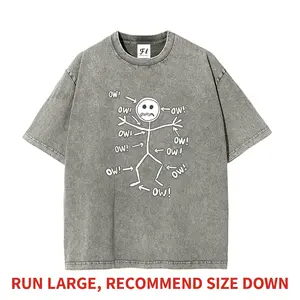 Ow Stick Figure Chronic Pain Getting Old Funny Meme Heavyweight Boxy Fit T-Shirt Vintage Washed Oversized Pure Cotton Graphic Tee