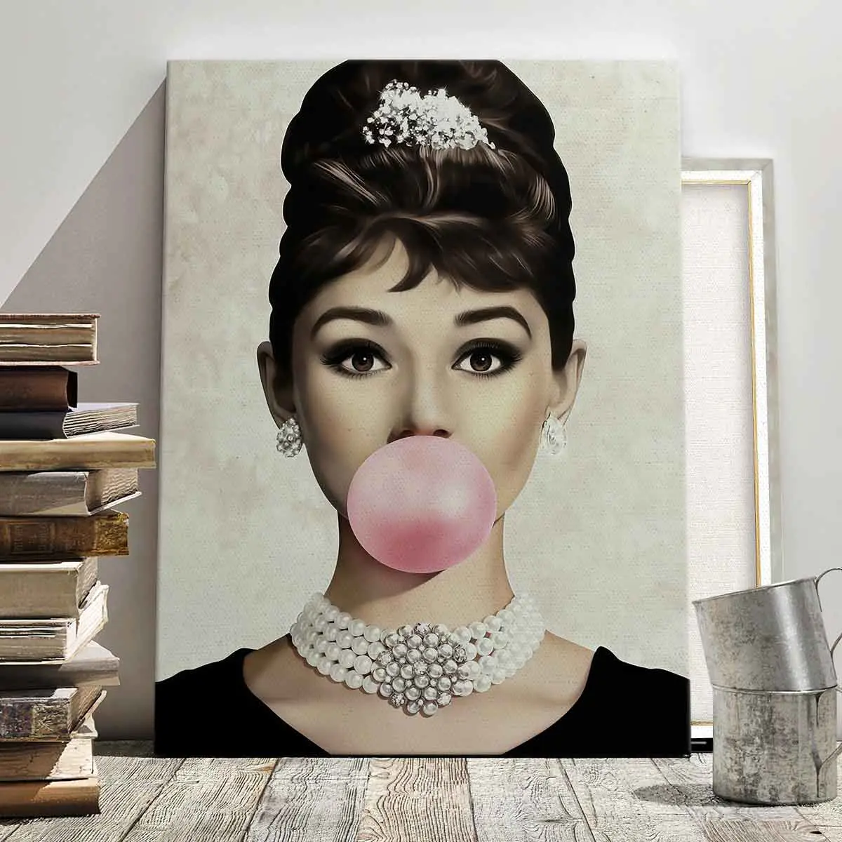 1Count Wooden Frame Canvas, Audrey Hepburn Bubblegum Poster, Living Room Decoration, Modern Art, Bedroom Poster, High Definition Home Poster, Ideal Gift, Waterproof, Printing, Canvas Wall Art, Unique Artwork, Decorative Artwork