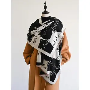 Women's Cute Cat Pattern Scarf, Casual Soft Warm Shawl for Fall & Winter, Fashion Accessories for Daily Wear