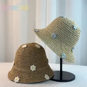 Cute Floral Straw Bucket Hat for Women, Handmade Woven Sun Hat with 3D Flower Decor, Foldable Beach Sun Hat UV Protection, Cute Daisy Garden Hat for Summer Vacation, Trendy Wide Brim Fisherman Hat for Travel Gift