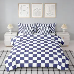 7 Pieces Navy Blue Plaid Comforter Set,Reversible Geometric Square Grid Bedding Set,Kids Boys Room Decor,Soft Lattice Checkerd Bed in A Bag with Comforter,Sheets and Pillowcases