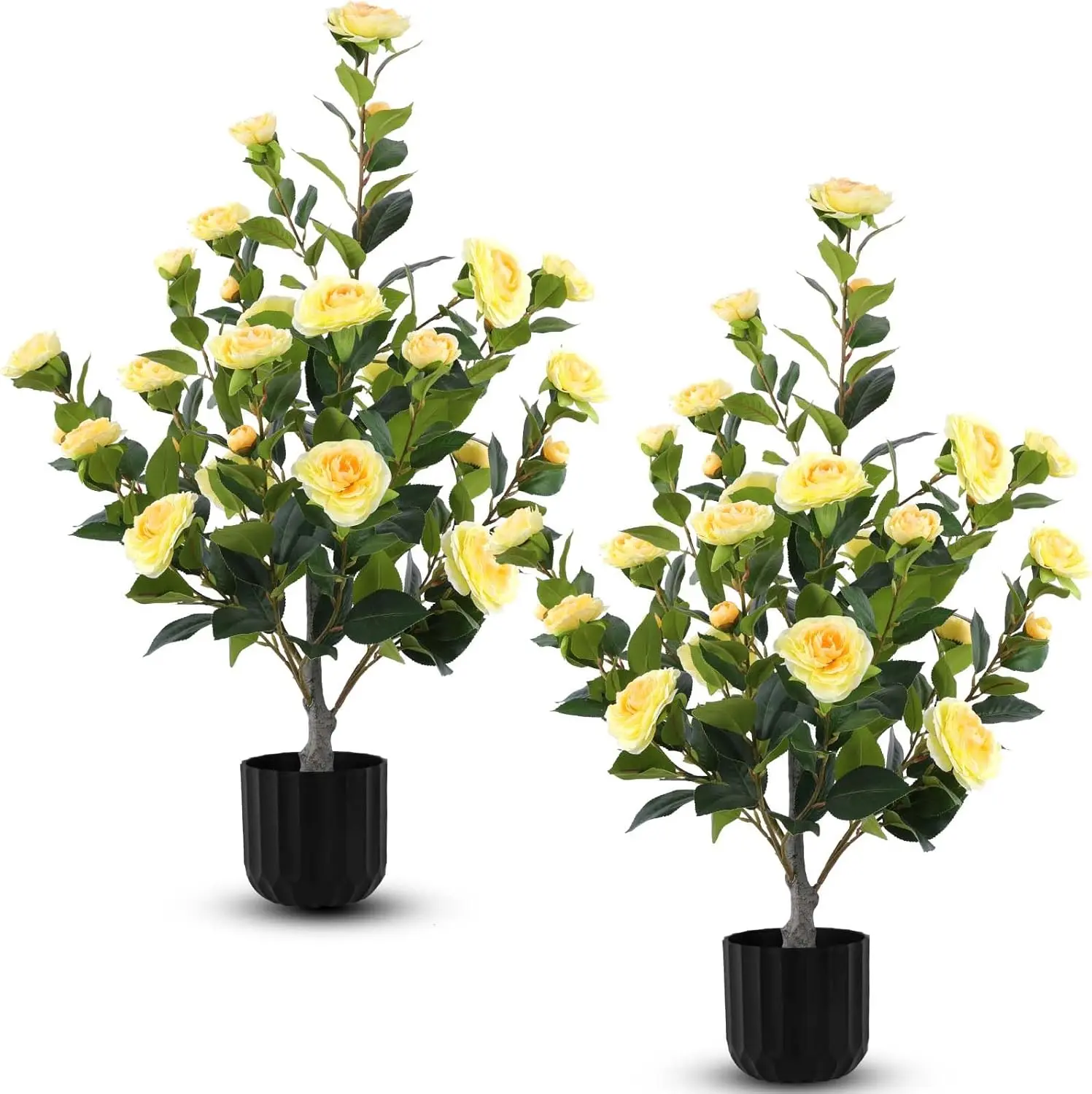 2 Pcs Artificial Camellia Trees Faux Camellia Plant in Pot with Flowers Indoor Plants for Spring Home Decor Outdoor Porch Front Door Decor (Yellow)