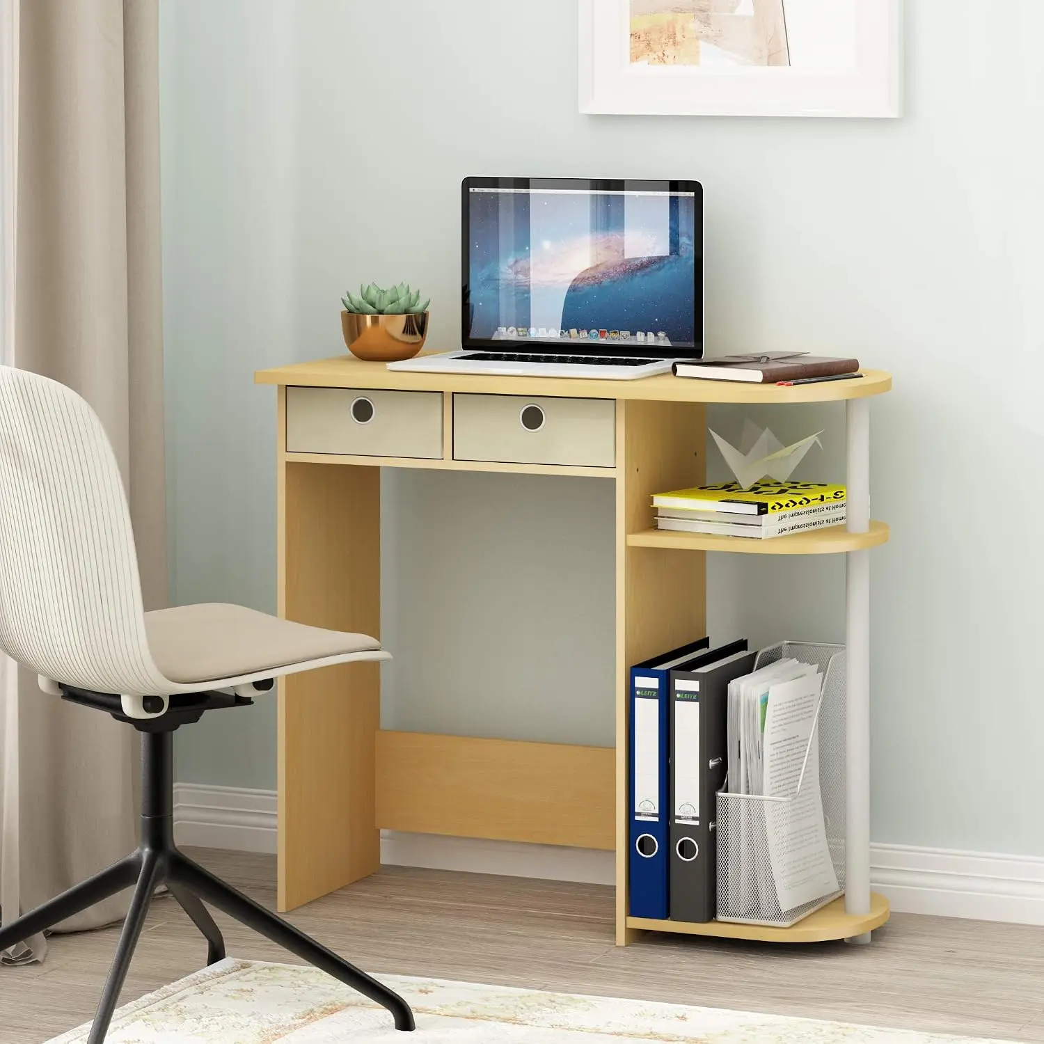 32-Inch Light Beech Rectangular Computer Desk with 2-Tier Shelf and Storage Bins, Office Writing Gaming Desk for Dorm, Home, Gaming Desks