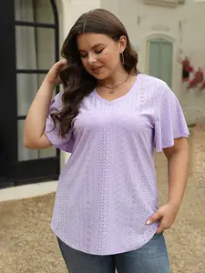 Aswulk Women's Plus Size Summer Tee V Neck Hollow Flare Short Sleeve Casual Top Tunics