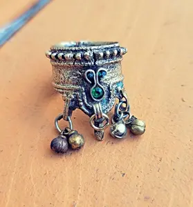 Vintage Afghan Kuchi Stacking Ring: Green Glass Amulet, Size 8