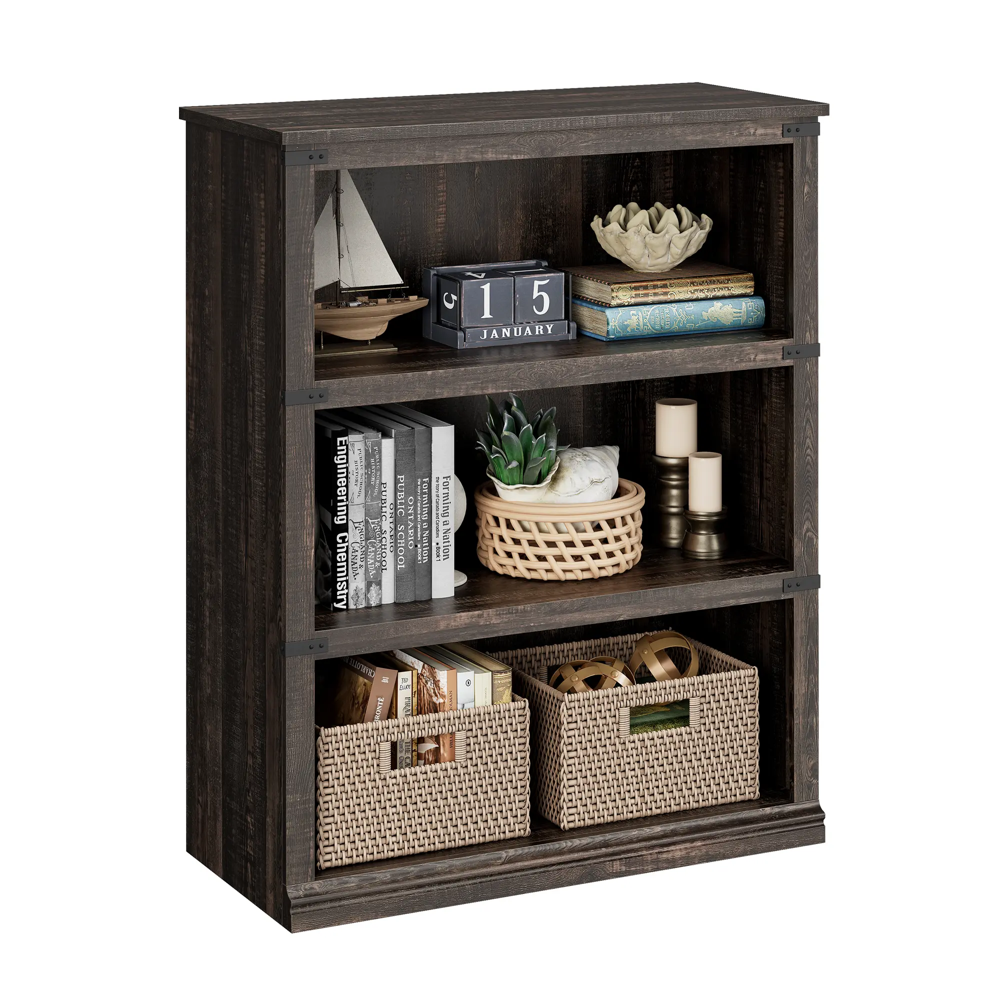 Brown 40 Inch Tall Farmhouse Wooden Bookcase with 3 Tier Storage Shelves for Living Room and Home Office