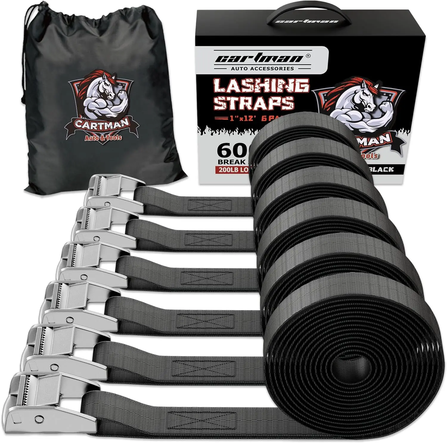 "24-HOUR SALE" 1" x 12' Lashing Straps Cargo Tie-Down Strap Up to 600lbs, 6pk in Carry Bag, Black