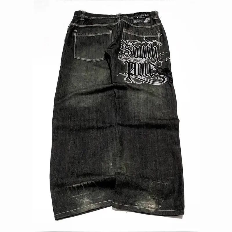 Women's Denim Embroidered Jeans Bottoms, Euro-American Hip-Hop Street Denim Style, Loose Cut Letter Print Wide-Leg Vintage Pants with Pockets