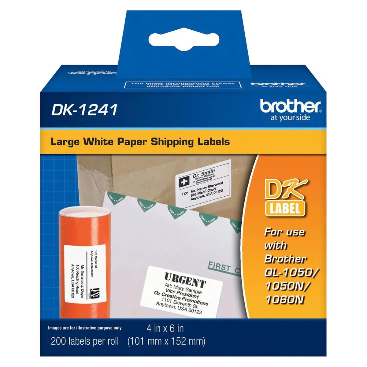 Brother Genuine DK-1241 Die Cut White Labels, 4 x 6 Inch Individual Labels, Large Shipping White Paper Labels, 200 Count, (1) Roll Per Box